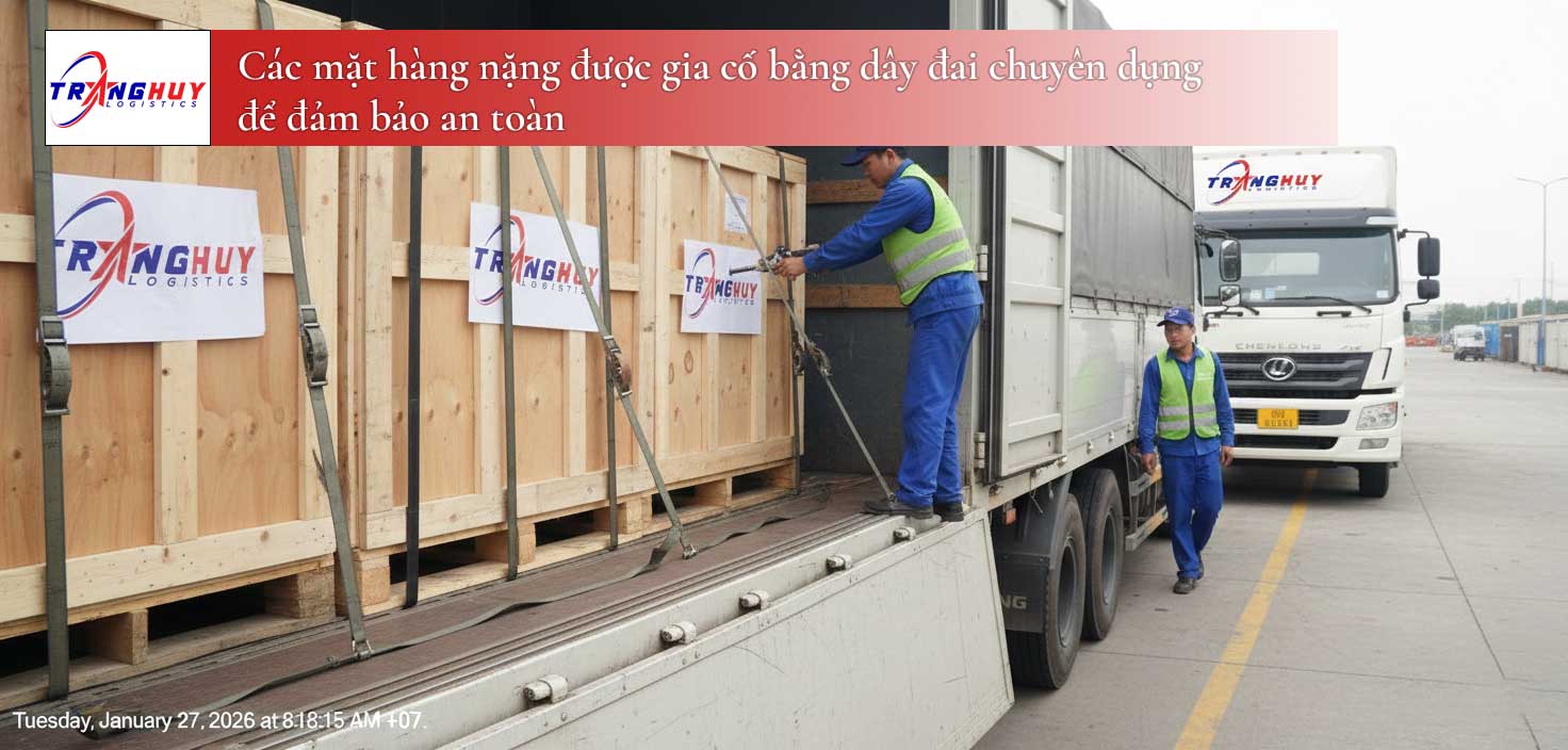 Các mặt hàng nặng được gia cố bằng dây đai chuyên dụng để đảm bảo an toàn