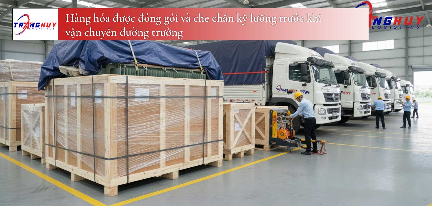 Hàng hóa được đóng gói và che chắn kỹ lưỡng trước khi vận chuyển đường trường