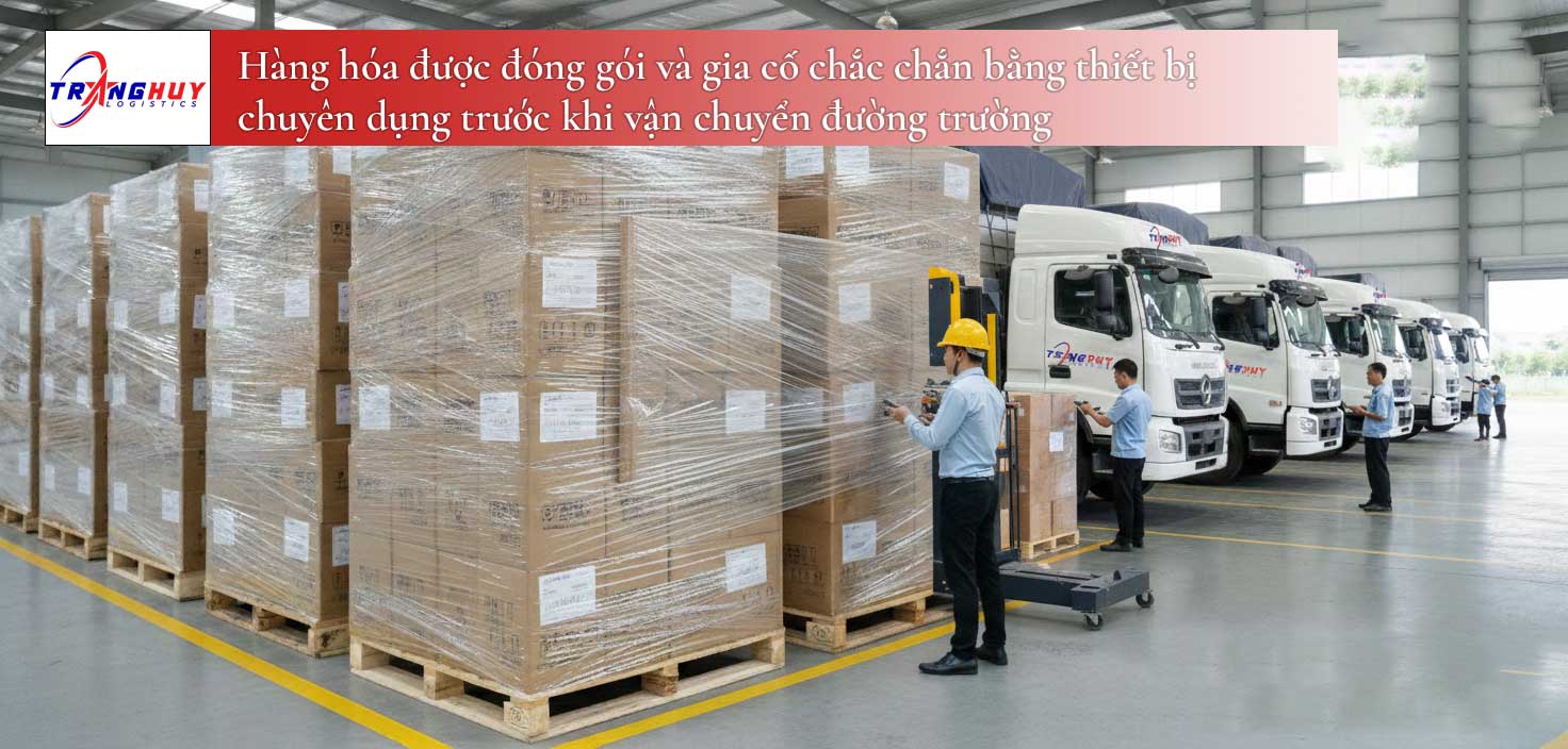 Hàng hóa được đóng gói và gia cố chắc chắn bằng thiết bị chuyên dụng trước khi vận chuyển đường trường