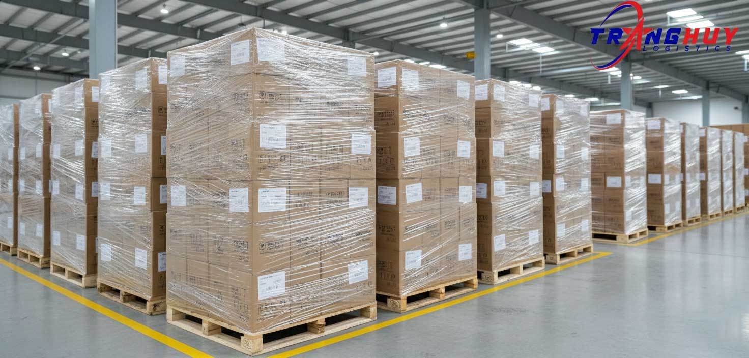 Hàng hóa được kê pallet và bọc màng co bảo vệ tuyệt đối khỏi ẩm mốc
