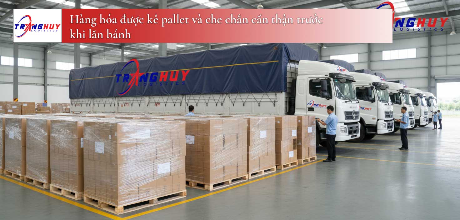 Hàng hóa được kê pallet và che chắn cẩn thận trước khi lăn bánh