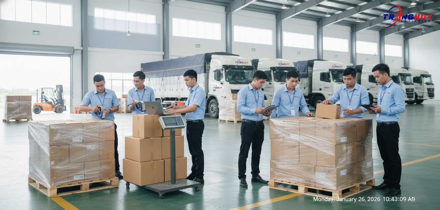 Nhân viên Trang Huy kiểm soát danh mục hàng hóa cẩn thận trước khi xuất bến