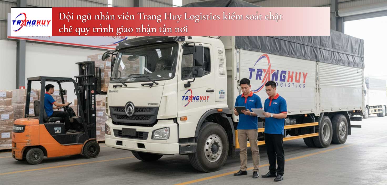 Tạo ảnh ngang có kích thước 1200px x 600px với logo Trang Huy Logistics và xe Chenglong mầu trắng hoặc mầu ghi sáng, tuyệt đối không trùng lặp ảnh. Đội ngũ nhân viên Trang Huy Logistics kiểm soát chặt chẽ quy trình giao nhận tận nơi