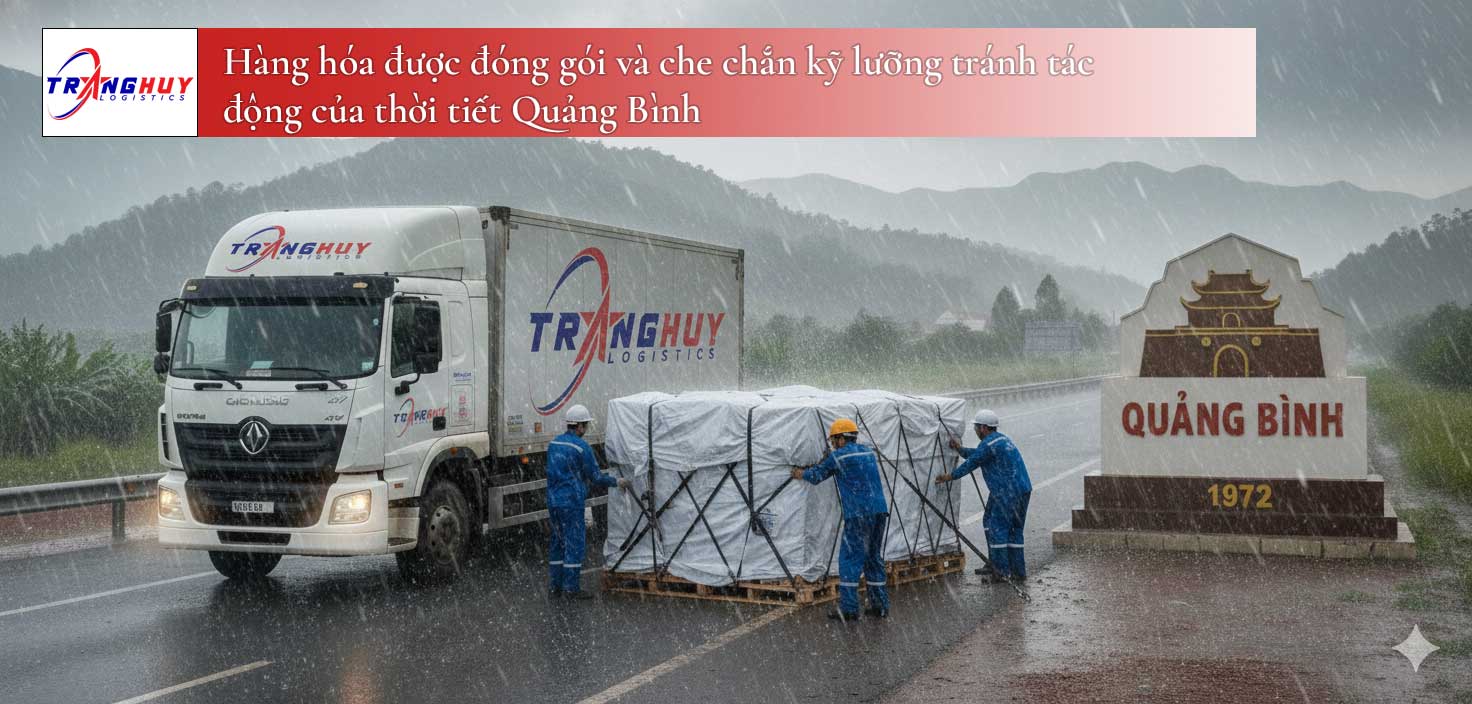 Hàng hóa được đóng gói và che chắn kỹ lưỡng tránh tác động của thời tiết Quảng Bình