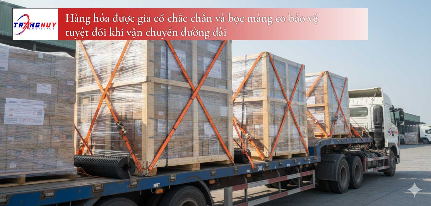 Hàng hóa được gia cố chắc chắn và bọc màng co bảo vệ tuyệt đối khi vận chuyển đường dài