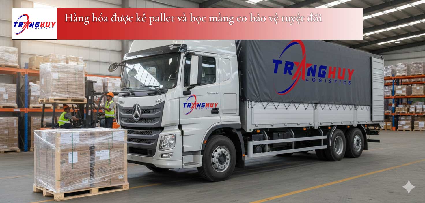 Hàng hóa được kê pallet và bọc màng co bảo vệ tuyệt đối