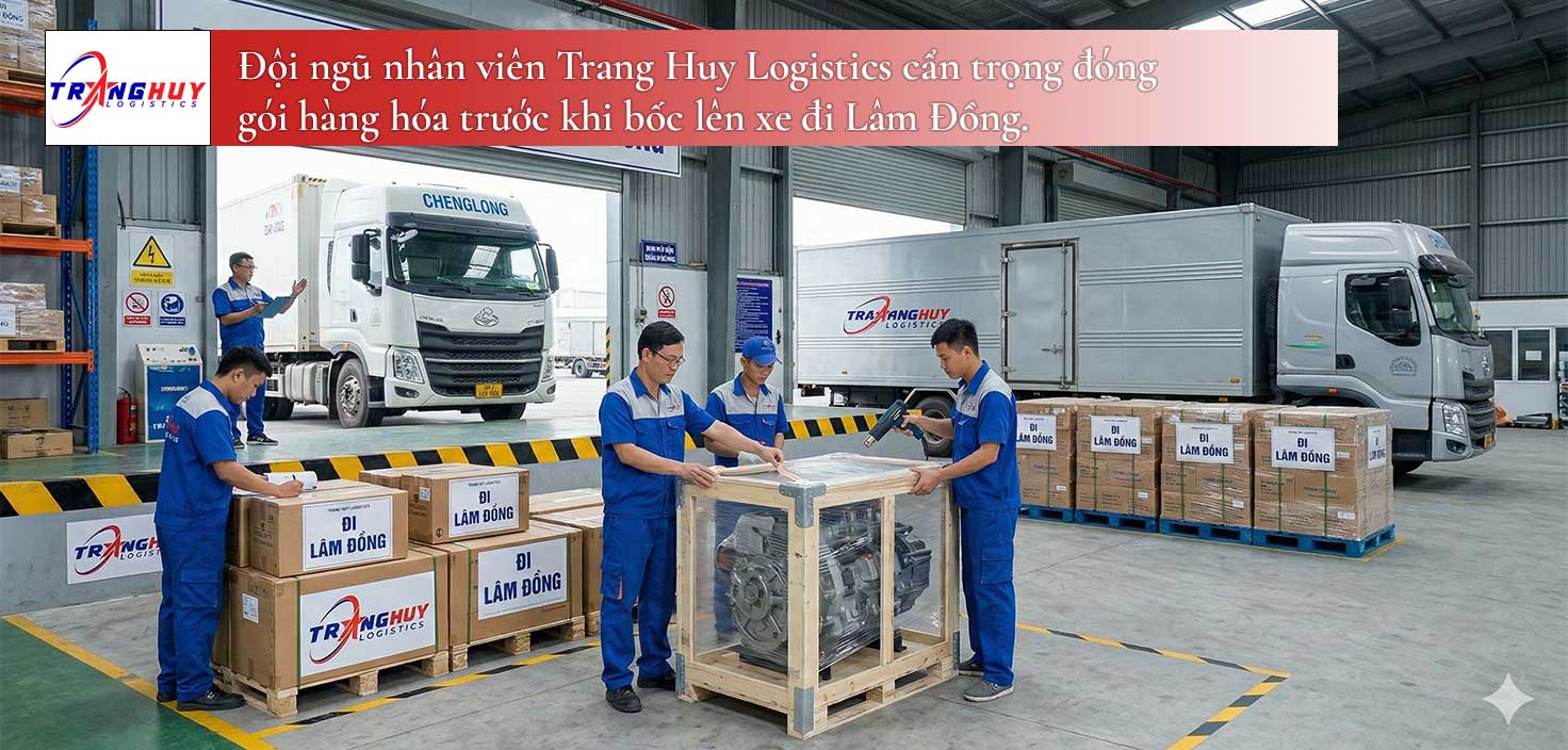 Đội ngũ nhân viên Trang Huy Logistics cẩn trọng đóng gói hàng hóa trước khi bốc lên xe đi Lâm Đồng.