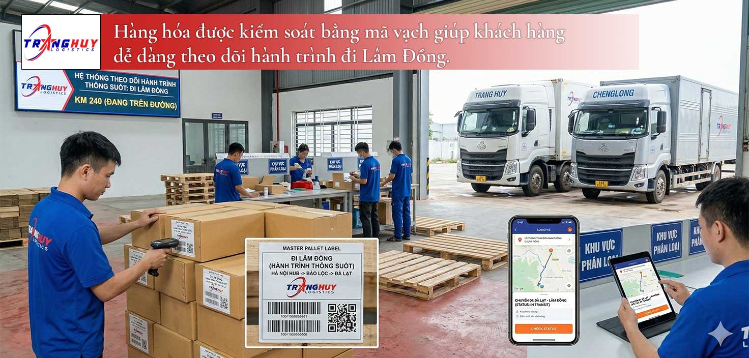 Hàng hóa được kiểm soát bằng mã vạch giúp khách hàng dễ dàng theo dõi hành trình đi Lâm Đồng.