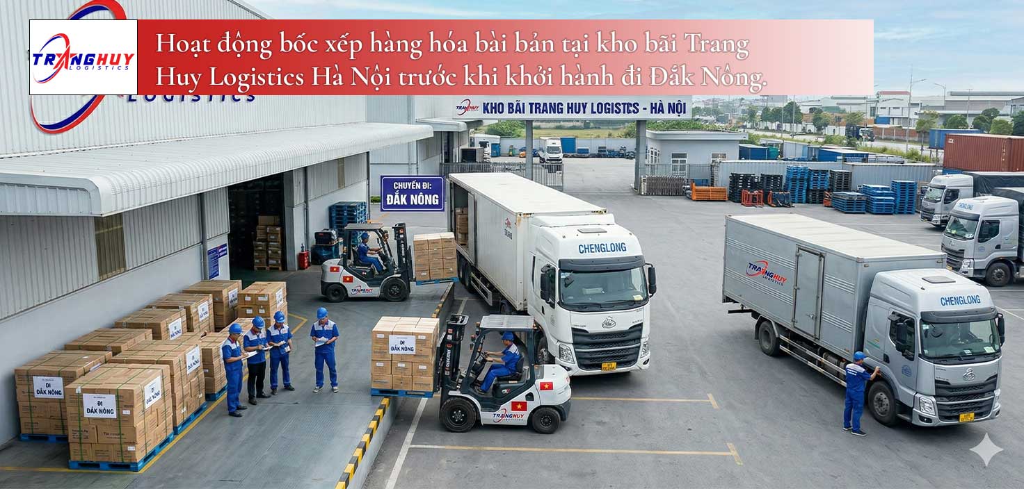Hoạt động bốc xếp hàng hóa bài bản tại kho bãi Trang Huy Logistics Hà Nội trước khi khởi hành đi Đắk Nông.