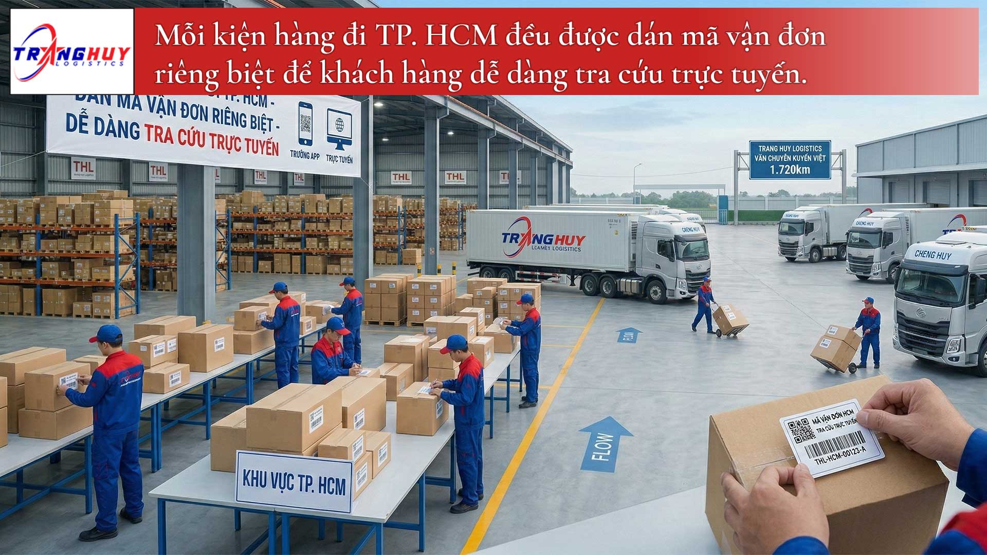 Mỗi kiện hàng đi TP. HCM đều được dán mã vận đơn riêng biệt để khách hàng dễ dàng tra cứu trực tuyến.