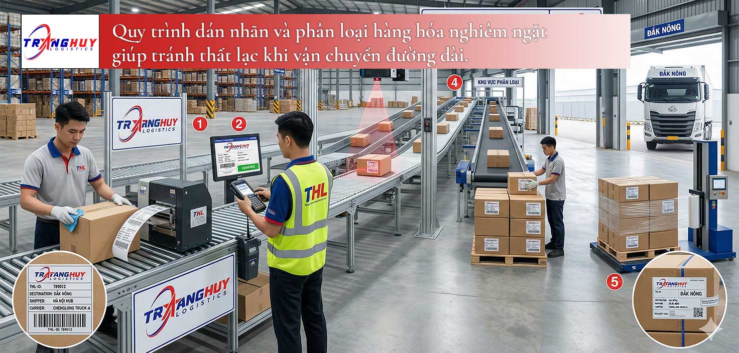 Quy trình dán nhãn và phân loại hàng hóa nghiêm ngặt giúp tránh thất lạc khi vận chuyển đường dài.